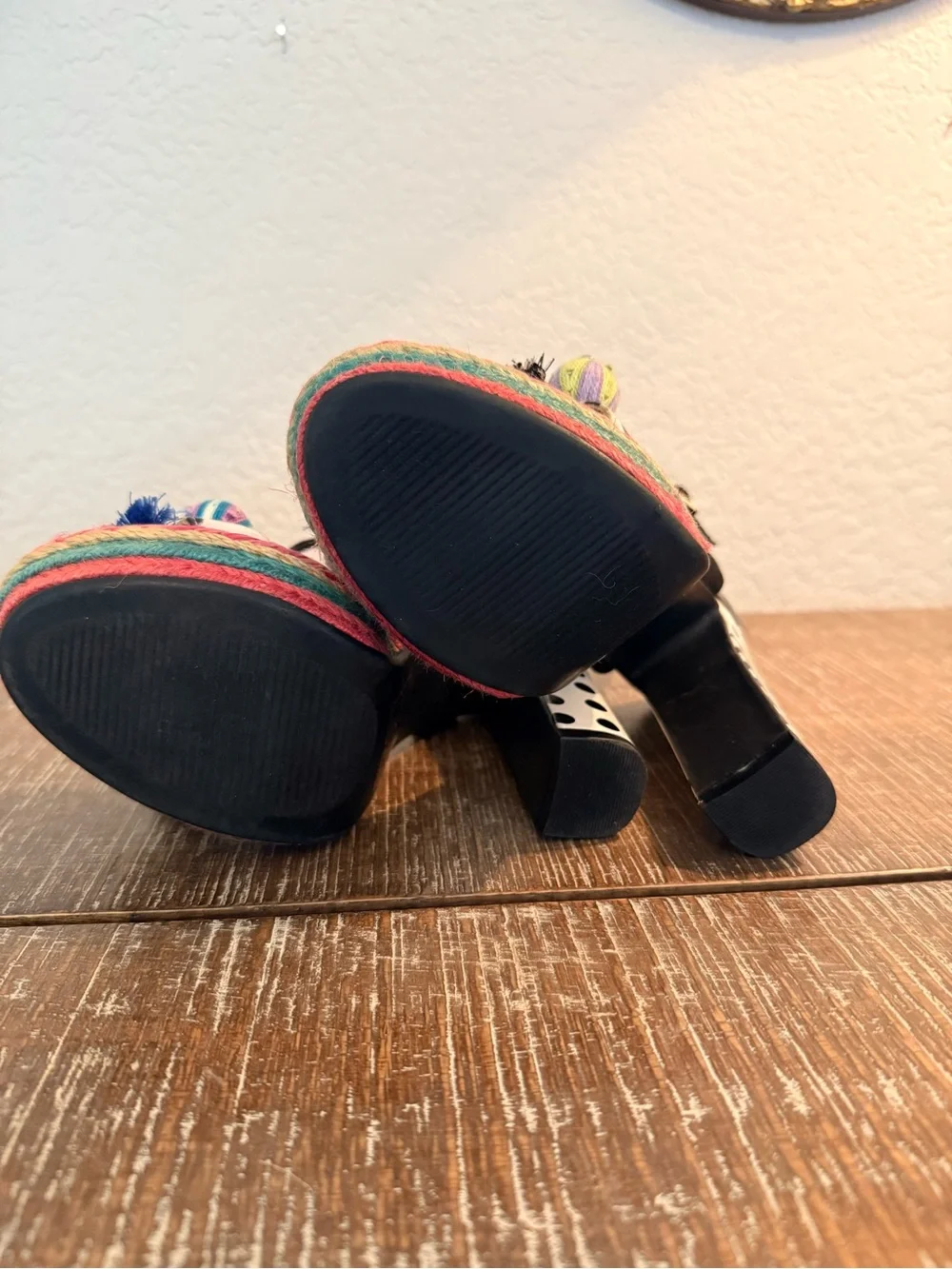 Betsey Johnson Multicolor Polka Dot Pom Pom Platform Espadrille Sandals Sz 6.5